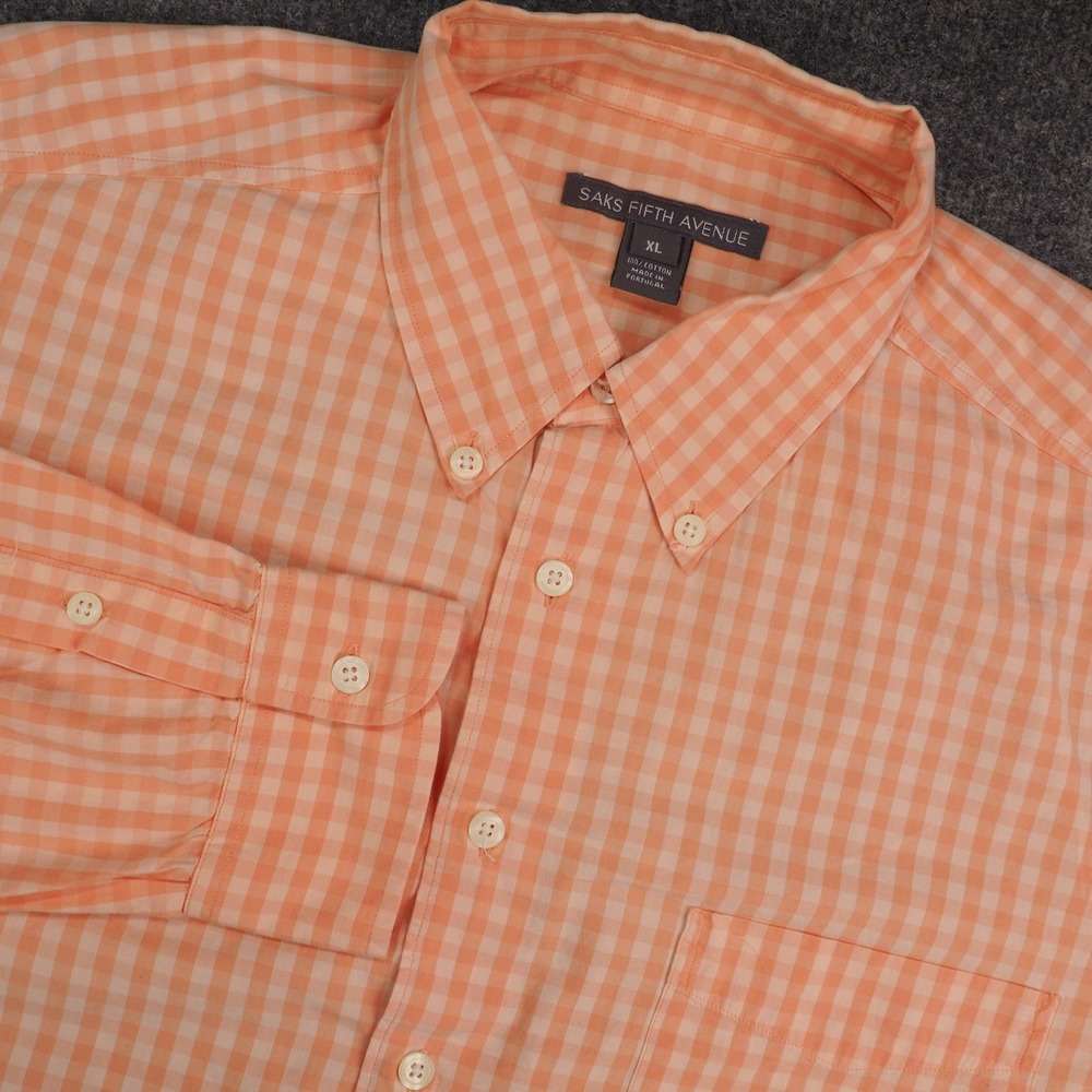 Saks Fifth Avenue Button Down Mens XL Orange Gingham Preppy Coastal Summer